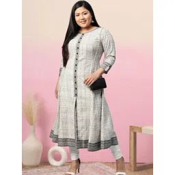 KALINI Women Off White Cotton Checked Roll-Up Sleeves Anarkali Kurta-picture-22