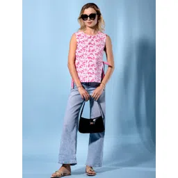 KALINI Women Pink & White Floral Printed Round Neck Tie-ups Cotton Top-picture-21