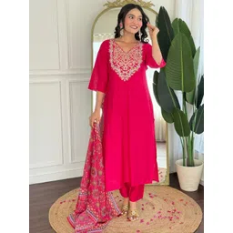 KALINI Women Pink Embroidered Regular Kurta With Trousers & Dupatta-picture-30