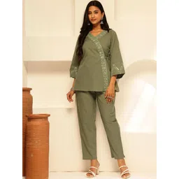 KALINI Women Pista Green Angrakha Cotton Stitched Co-Ord Set-picture-28