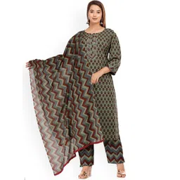 KALINI Women Printed Thread Work Pure Cotton Kurta with Trouser & Dupatta-image-15