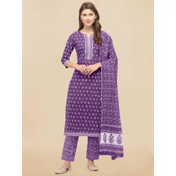 KALINI Women Purple Ethnic Motifs Printed Gotta Patti Pure Cotton Kurta with Trousers & With Dupatta-picture-10