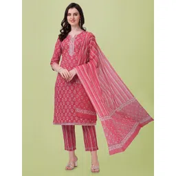 KALINI Women Red Floral Printed Gotta Patti Pure Cotton Kurta with Trousers & With Dupatta-picture-12