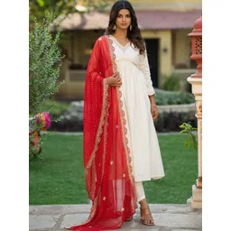 KALINI Women Regular Thread Work Chanderi Silk Kurta with Trousers & Dupatta-image-17