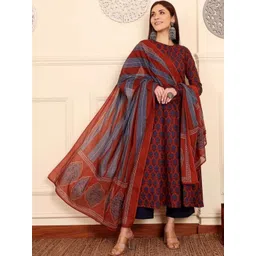 KALINI Women Rust & Navy Blue Viscose Rayon Floral Printed Regular Kurta Set-picture-41