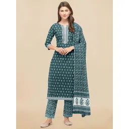 KALINI Women Sea Green Ethnic Motifs Printed Gotta Patti Pure Cotton Kurta with Trousers & With Dupatta-image-49