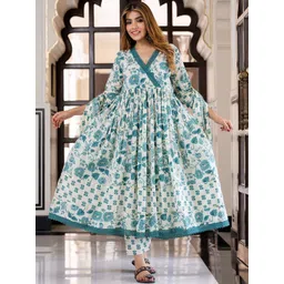 KALINI Women Teal Green And Cream Pure Cotton 3/4 Sleeves Anarkali Kurta Trouser Dupatta Set-image-41
