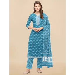 KALINI Women Turquoise Blue Ethnic Motifs Printed Gotta Patti Pure Cotton Kurta with Trousers & With Dupatta-picture-29