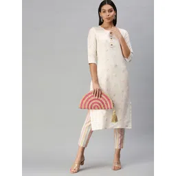 KALINI Women White Pure Cotton Geometric Woven Design Kurta with Trousers-picture-27