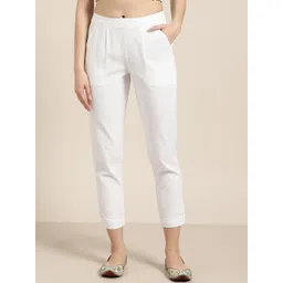 KALINI Women White Relaxed Mid-Rise Slim Fit Cotton Cigarette Trousers-picture-11