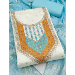 KALINI Women White Woven Design Silk Blend Unstitched Dress Material image 2