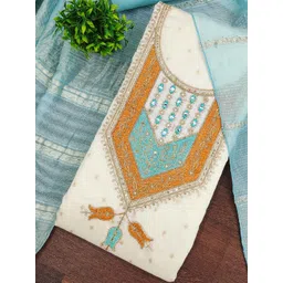 KALINI Women White Woven Design Silk Blend Unstitched Dress Material image 4