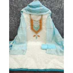 KALINI Women White Woven Design Silk Blend Unstitched Dress Material image 1