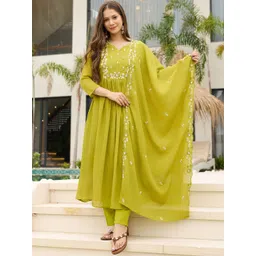 KALINI Women Woven Design Embroidered A-Line Kurta with Trousers & Dupatta-picture-31