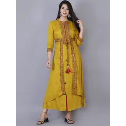 KALINI Women Yellow Ethnic Motifs Embroidered & Mirror Work Layered Regular Fit Kurta-picture-26