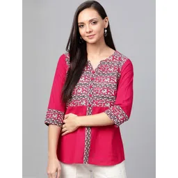 KALINI Women's Cotton Slub Kalamkari Printed Regular Top (PINK)-picture-28