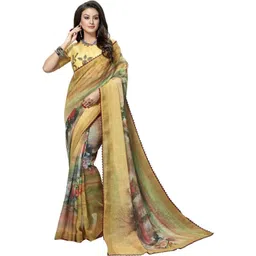 KALINI Yellow Printed Linen Blend Sarees-picture-36