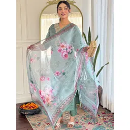 KALINI Yoke Design V-Neck Straight Kurta With Trousers And Dupatta-image-29