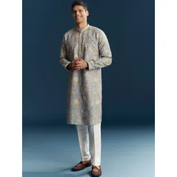 KALKI Fashion Men Floral Embroidered Regular Thread Work Kurta with Trousers-picture-23