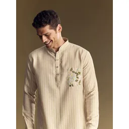 KALKI Fashion Men Floral Embroidered Regular Thread Work Linen Kurta with Trousers-picture-26