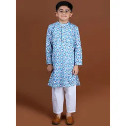 Kalp Boys Floral Printed Mandarin Collar Pure Cotton Straight Kurta With Trouser-picture-21