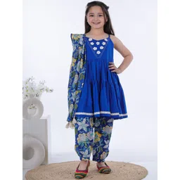 Kalp Girls Floral Embroidered Tiered Thread Work Pure Cotton Kurta with Salwar & Dupatta-picture-46