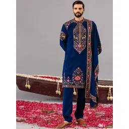 KALPRAAG Men Floral Embroidered Regular Kurta with Pyjamas & Dupatta-picture-22