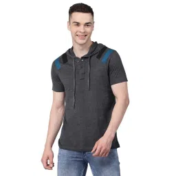 Kalt Dark Grey Melange Regular Fit Striped Hooded T-Shirt-picture-35