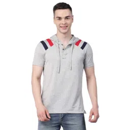 Kalt Light Grey Melange Regular Fit Striped Hooded T-Shirt-picture-33