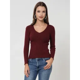 Kalt Maroon Cotton Solid Sweater-picture-24