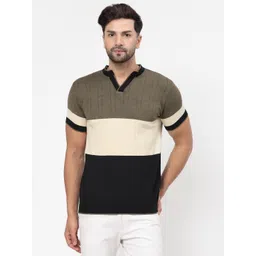 Kalt Men Colourblocked Mandarin Collar Cotton Slim Fit T-shirt-picture-27