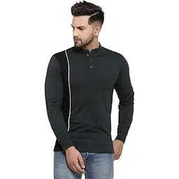 kalt Men Full Sleeves Mandarin Collar Cotton Blend T-Shirt(Bottle Green::White::Black)-picture-11