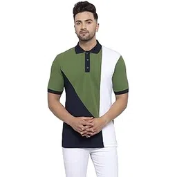 kalt Men Half Sleeves Colour Block Polo Neck Cotton Blend T-Shirt(Navy::Green::White)-picture-26
