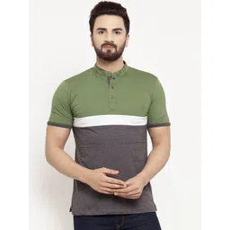 Kalt Men Olive Green & Grey Colourblocked Mandarin Collar T-shirt-picture-34