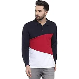 kalt Men's Full Sleeves Multicolour Polo Neck Cotton Blend Colour Block T-Shirt (White, Red, Black)-picture-28