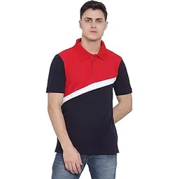 kalt Men's Half Sleeves Multicolour Striped Polo Neck Cotton Blend T-Shirt(Navy::White::Red)-picture-29