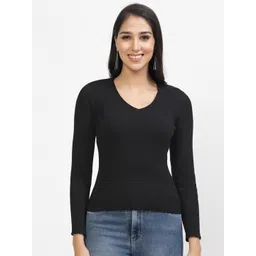 Kalt Ribbed V-Neck Cotton Fitted Top-picture-19