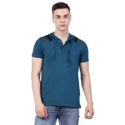 Kalt Teal Regular Fit Striped Hooded T-Shirt-picture-12