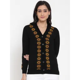 Kalt Women Black Self Design Cardigan Sweater-image-4