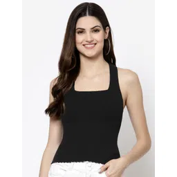 Kalt Women Black Square Neck Knitted Ribbed Cotton Top-picture-20