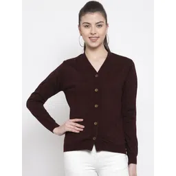 Kalt Women Burgundy Solid Front-Open Acrylic Sweater-picture-27