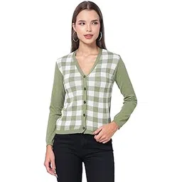 kalt Women Full Sleeves V-Neck Checked Design Cardigan Top-picture-39