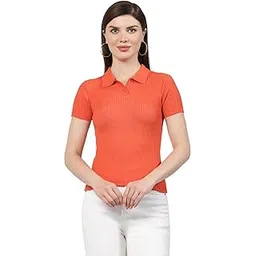 kalt Women Half Sleeves Polo Collar Knitted Ribbed Top-picture-35