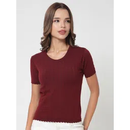 Kalt Women Half Sleeves Round Neck Ribbed Cotton Top-picture-41