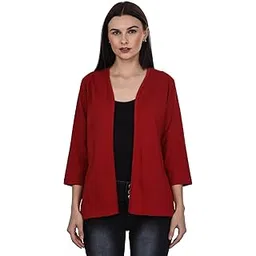 kalt Women's 3/4th Sleeves Open Plain Shrug(Red)-picture-47