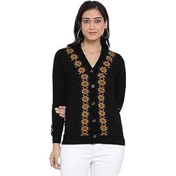 kalt Women's Full Sleeves Floral Self Design Cardigan Sweater(Black)-picture-14