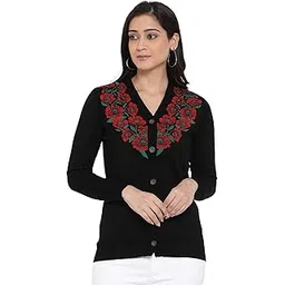 kalt Women's Full Sleeves Floral Self Design Cardigan Sweater(Black)-picture-14