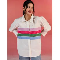 Kameez by Pooja White Stripes Patchwork Poplin Shirt-picture-10