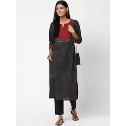 KAMI KUBI Women Black & Maroon Ajrakh Printed Mirror Work Pure Cotton Kurta-picture-12