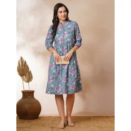 KAMI KUBI Women Floral Printed Mandarin Collar Fit & Flare Midi Dress-picture-25